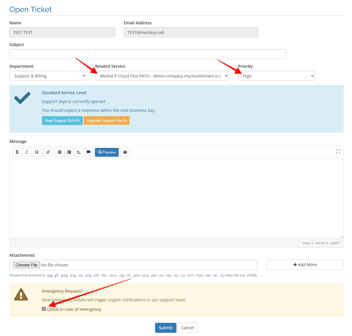 Screenshot of Emergency Ticket options with arrows pointing to each selection