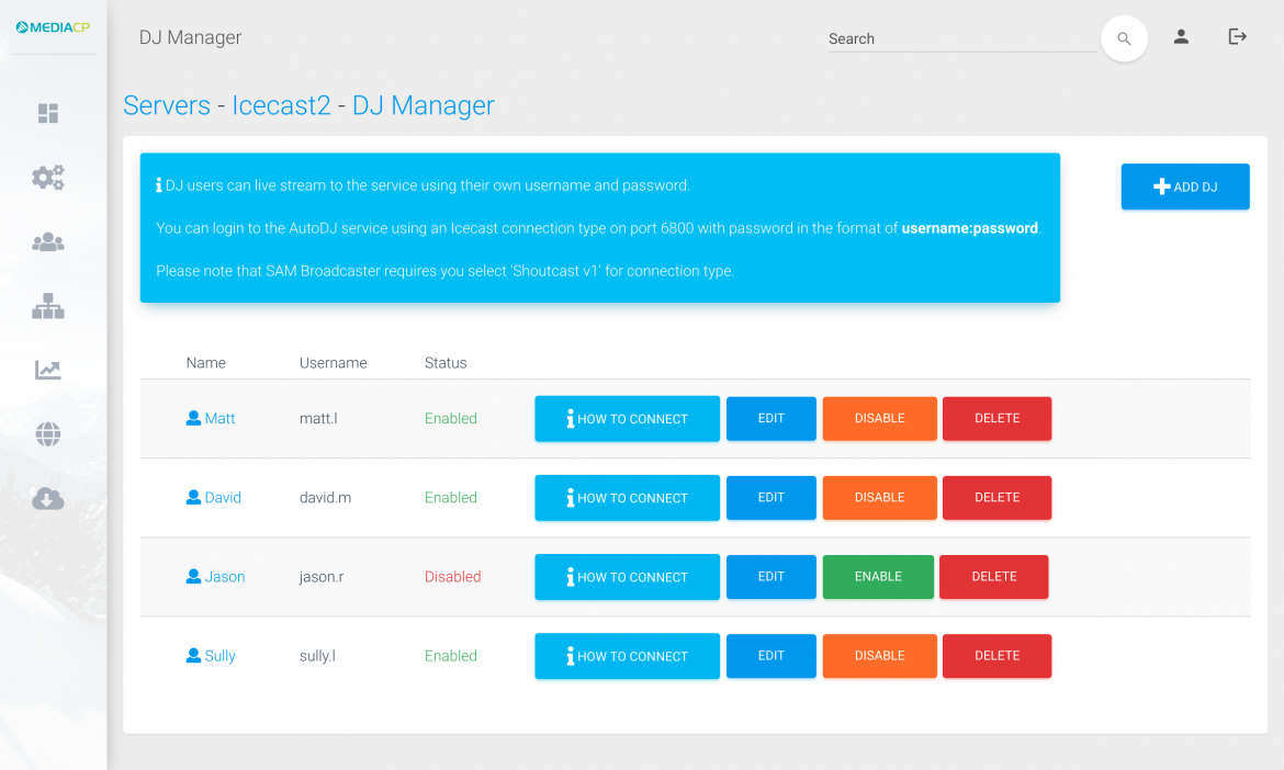 Shoutcast Control Panel - Media Control Panel